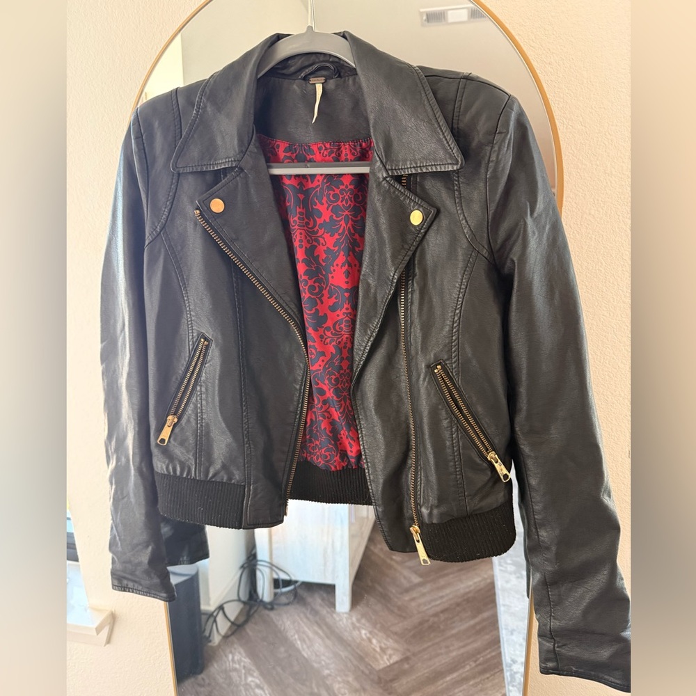 Free People Black Leather Jacket with Red Patterned Lining